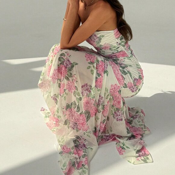 Multicolor Boho Womens Romantic Strapless Floral Mesh Asymmetrical Bodycon Dress - Picture 3 of 8